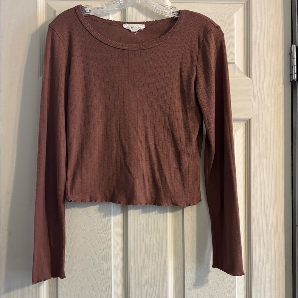 Brown Pink Rose Cropped Lettuce Trim Long Sleeve Shirt 🤎🍄‍🟫